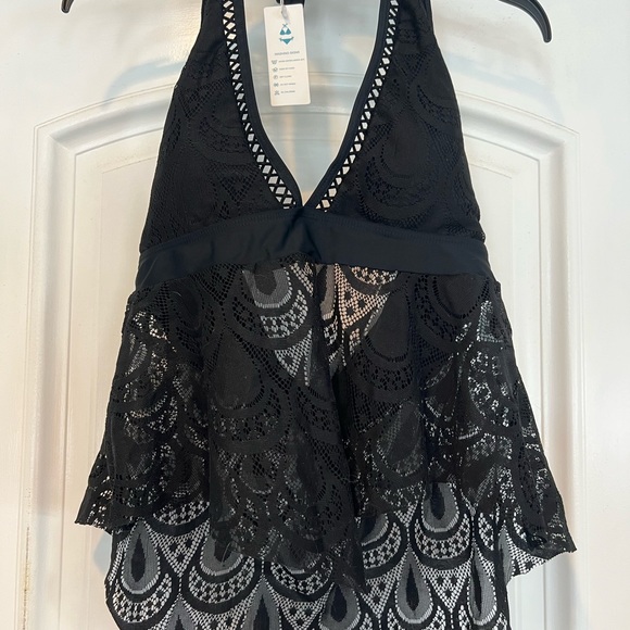 Halter Neck Ruffle Hem Tankini top black large - Picture 5 of 9